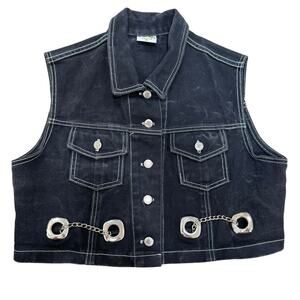 Vintage 1980s Black Distressed Chain Biker Moto Goth Grunge Jean Vest XL